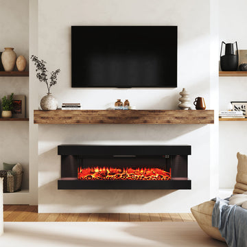50"/60"/72" Wall-Mounted Electric Fireplace with Suspended LED Lighting, Modern Indoor Fireplace
