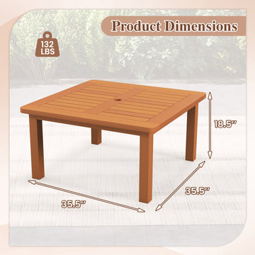 Patio Coffee Table with 2'' Umbrella Hole, Solid Wood Teak Oil Finish, 132Lbs Load Outdoor Square Table