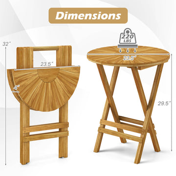 Patio Teak Wood Round Folding Side Table with Slatted Top &  X-Frame, No Assembly Required