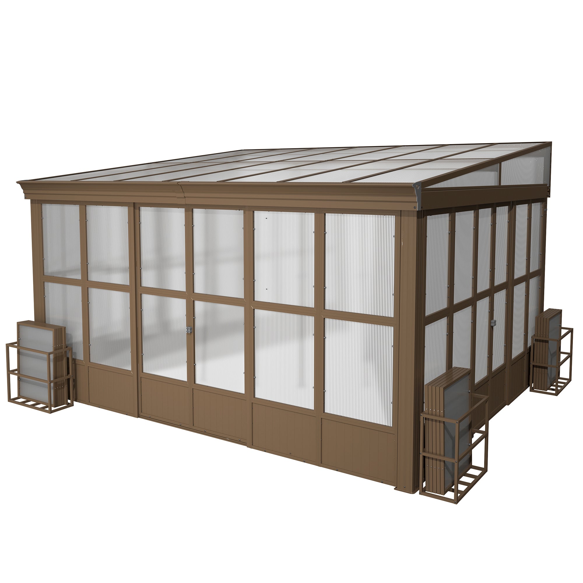 Lean-to Sunroom 12x14FT, Wall Mounted Solarium with Sloping Polycarbonate Roof, Detachable Polycarbonate Screens, 2 Lockable Sliding Doors, Aluminum Gazebo Against Wall Sun Room for Patio Deck