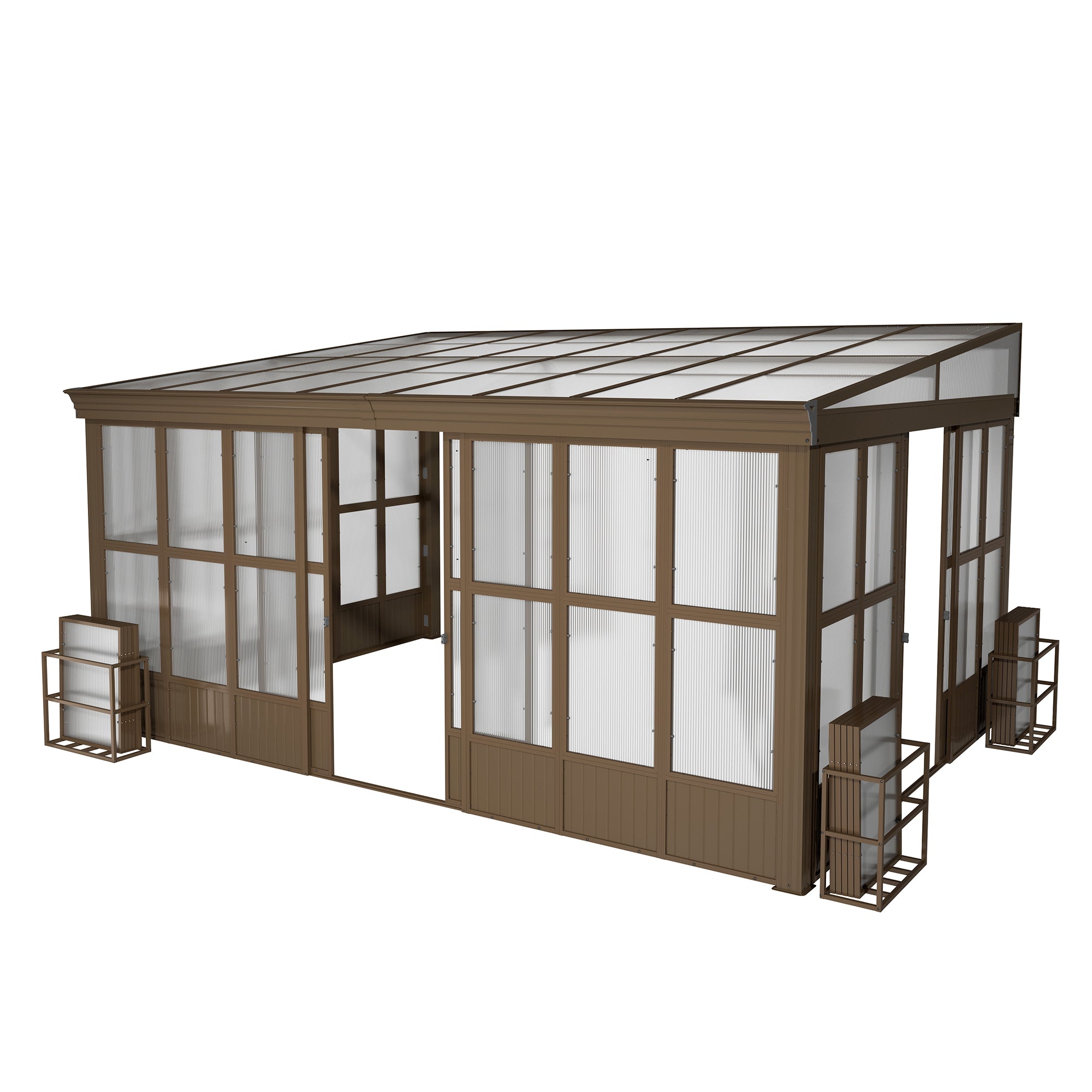 Lean-to Sunroom 12x16FT, Wall Mounted Solarium with Sloping Polycarbonate Roof, Detachable Polycarbonate Screens, 2 Lockable Sliding Doors, Aluminum Gazebo Against Wall Sun Room for Patio Deck