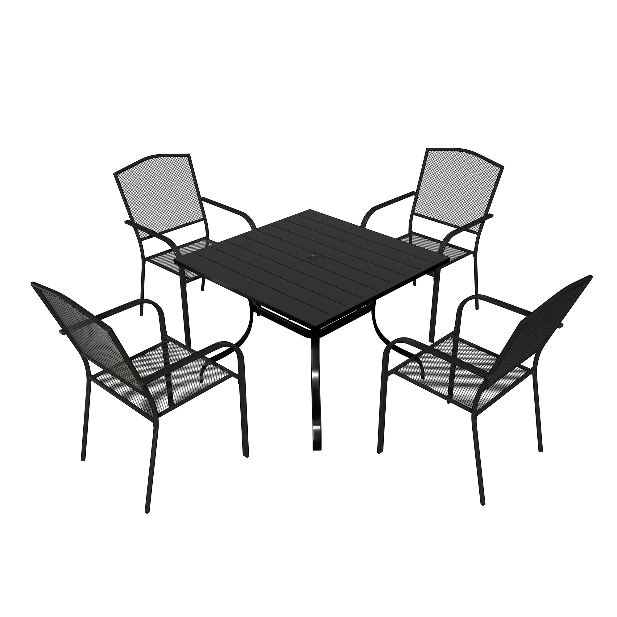 New Mondawe 5-Piece Black Steel Dining Chair Square Table 28.54 in. H Outdoor Dining Set with Umbrella Hole