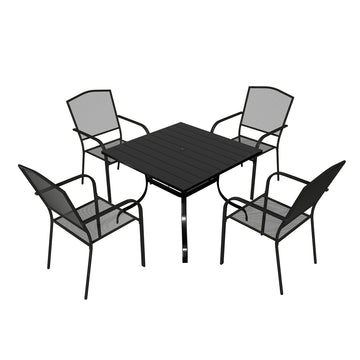 New Mondawe 5-Piece Black Steel Dining Chair Square Table 28.54 in. H Outdoor Dining Set with Umbrella Hole