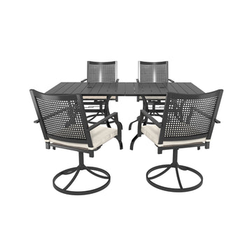 6/8-Piece Metal Outdoor Dining Set Square Table with Umbrella Hole Swivel Dining Chairs with Beige Cushions