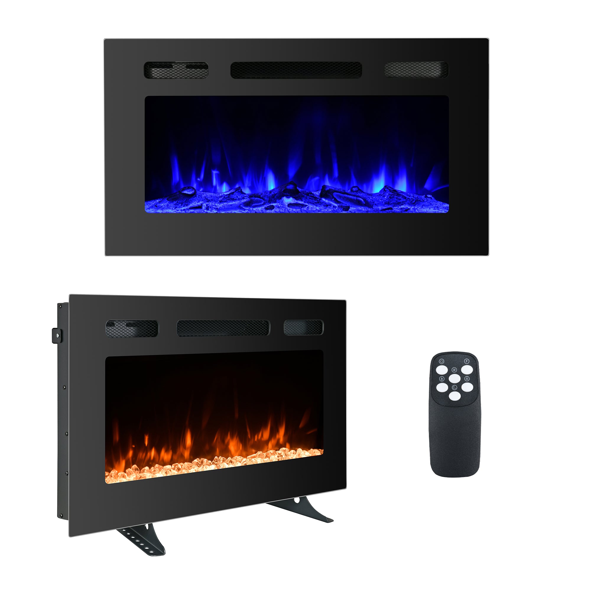 Clihome Basics Wall-Mounted Recessed Electric Fireplace With Remote Control, Logs and Crystals