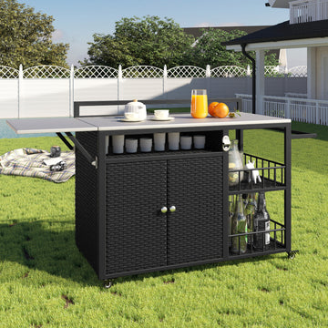 63.5" Outdoor Kitchen Island, Outdoor Grill Cart with Foldable Side Tabletop, Dark Brown