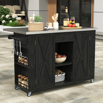 Outdoor Kitchen Storage Island Fir Wood Kitchen Island with Stainless Steel Top, Black