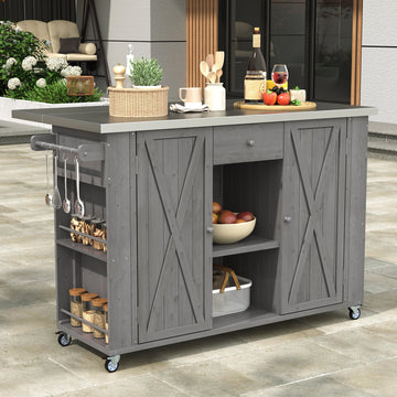 Outdoor Kitchen Storage Island Fir Wood Kitchen Island with Stainless Steel Top, Grey