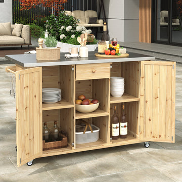 Outdoor Kitchen Storage Island Fir Wood Kitchen Island with Stainless Steel Top, Natural
