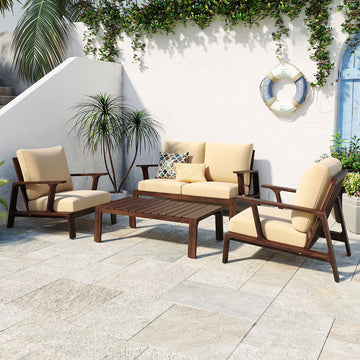 4 Pieces Outdoor Sofa Set Conversation Set with Cushions and Coffee Table, Beige Cushion