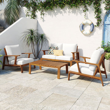4 Pieces Outdoor Sofa Set Conversation Set with Cushions and Coffee Table, White Cushion