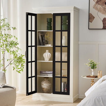 Freestanding Glass Door Pantry, Farmhouse Display Cabinet with Lattice Window-Black