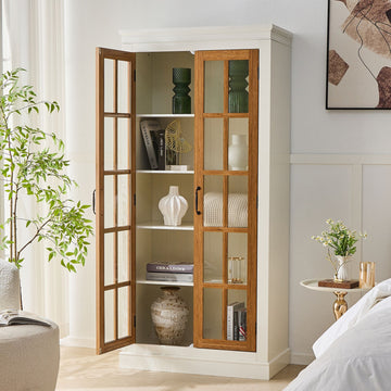 Freestanding Glass Door Pantry, Farmhouse Display Cabinet with Lattice Window-Brown
