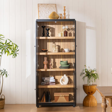 Ash Wood Grain Display Cabinet, Bookcase with Glass Doors & Adjustable Shelves
