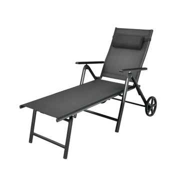 Adjustable Patio Lounge Chair with Wheels, Neck Pillow & Aluminum Frame