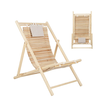 Solid Fir Wood Lounge Chair 3-Level Adjustable Backrest Padded Headrest