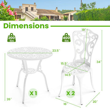3-Piece All Weather Cast Aluminum Bistro Set with Umbrella Hole