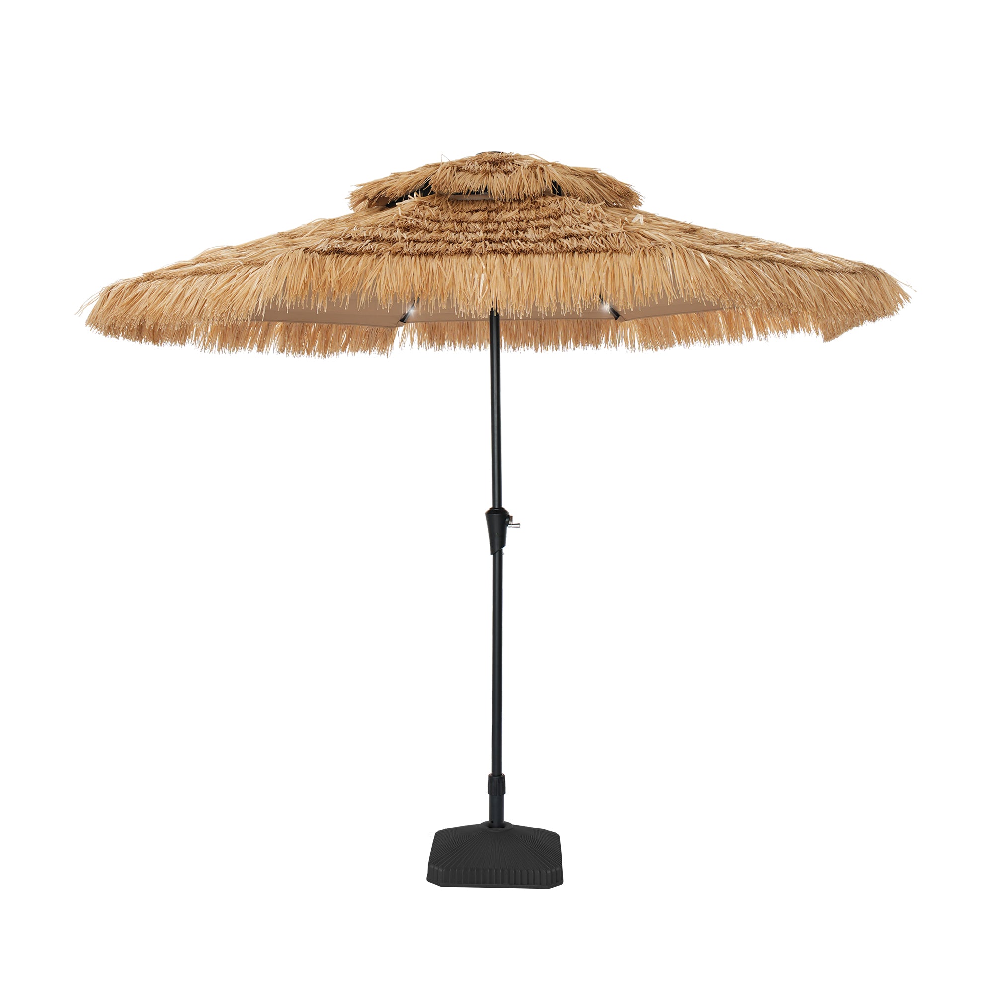 9 ft. Outdoor Double Layer Hawaiian Style Market Umbrella in Brown with Base and 32-Light Beads