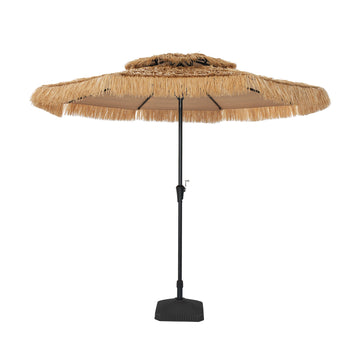 10 ft. Outdoor Double Layer Hawaiian Style Market Umbrella in Brown with Base and Crank Tilt and 32-Light Beads