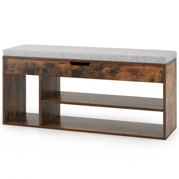 Padded Seat Shoe Bench with Hidden Storage and 3 Open Shelves£¬Brown