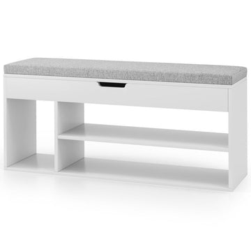 Padded Seat Shoe Bench with Hidden Storage and 3 Open Shelves£¬White