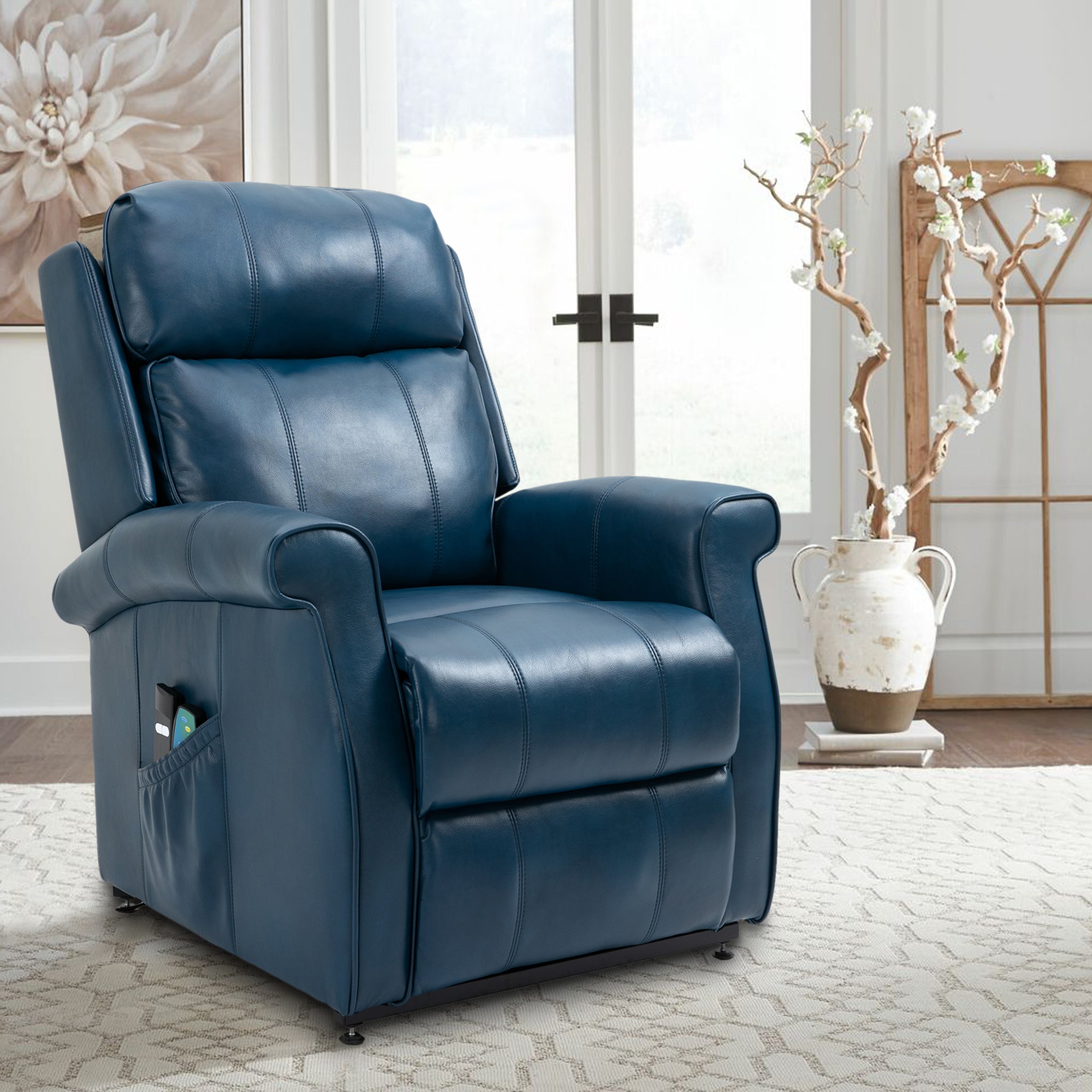 38 in. W Blue Faux Leather Elderly Power Lift Recliner