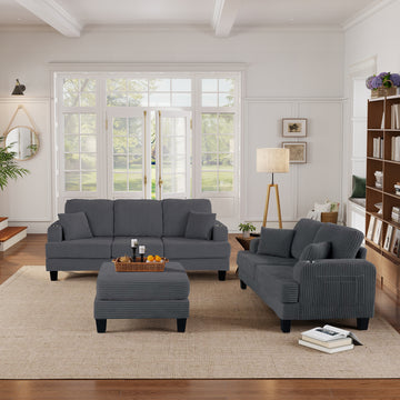 3-Piece Beige/Dark Gray/Black Chenille Small Space Living Room Set with USB Ports and Cup Holders