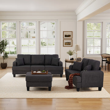 3-Piece Beige/Dark Gray Boucle Fabric Small Space Living Room Set with USB Ports and Cup Holders