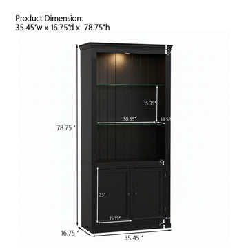4-Tier Display Shelf with 5-Color Dimmable LED, Bookcase with Doors & Glass Shelves-Black