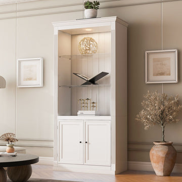 4-Tier Display Shelf with 5-Color Dimmable LED, Bookcase with Doors & Glass Shelves-White