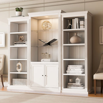 Tall 3-Piece Bookcase & Display Cabinet with 5-Color LED Light, Tempered Glass Shelves
