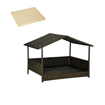 Elevated Rattan Dog House with Canopy for Small to Medium Dogs