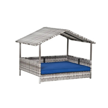Elevated Rattan Dog House with Canopy for Small to Medium Dogs