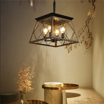 16" Industrial 4-Light Metal Cage Design Pendant Chandelier, Adjustable Hanging Light