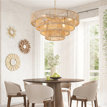 20" Boho Style 4-Layer Woven Hemp Rope Chandelier, Pendant Light, Hanging Light Fixture (No Bulbs)