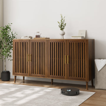 63" Walnut Sideboard Buffet Cabinet With Storage, 4 Doors Sideboard Accent Cabinet