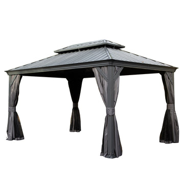 10'x 14' Hardtop Gazebo-Upgraded Metal with Drainage & Curtains/Netting