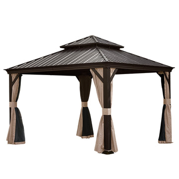 12'x12' Hardtop Gazebo-Upgraded Metal with Drainage & Curtains/Netting