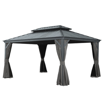 12'x 16' Hardtop Gazebo-Upgraded Metal with Drainage & Curtains/Netting