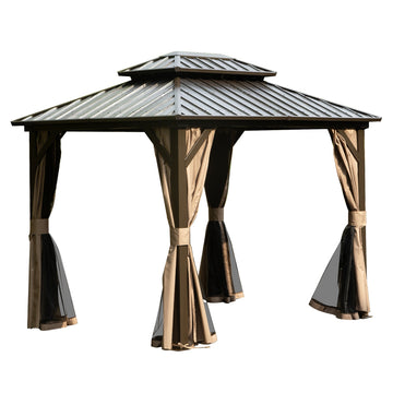 8'x 10' Hardtop Gazebo with Double Roof, Curtains & Netting
