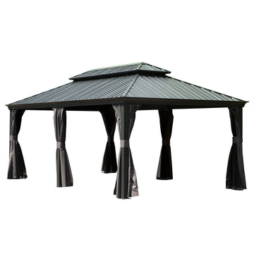 12'x 20' Hardtop Gazebo Grey - Aluminum Frame Double Roof with Curtains & Netting