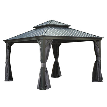 12'x 12' Hardtop Gazebo Grey - Aluminum Frame Double Roof with Curtains & Netting