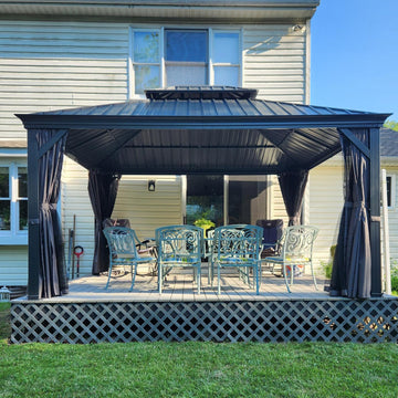 12'x 14' Hardtop Gazebo Grey-Aluminum Frame Double Roof with Curtains & Netting
