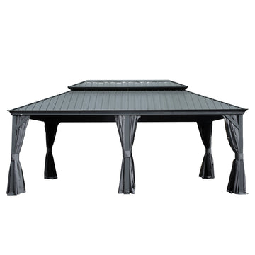 12'x 18' Hardtop Gazebo Grey - Aluminum Frame Double Roof with Curtains & Netting