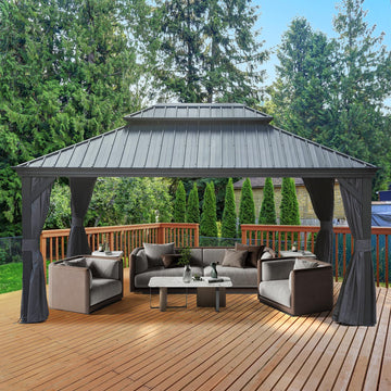 12'x 16' Hardtop Gazebo - Aluminum Frame Double Canopy with Curtains & Netting