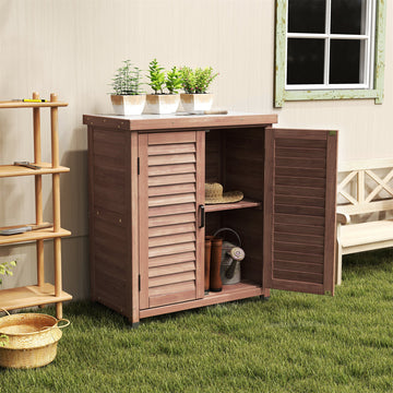 31.5x17x36" Potting Bench with Storage Cabinet and Metal Table Top, Brown
