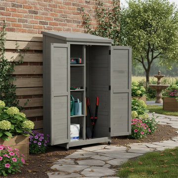 Outdoor Wooden Storage Shed with Metal Top Tall Vertical Tool Cabinet for Backyard Garden