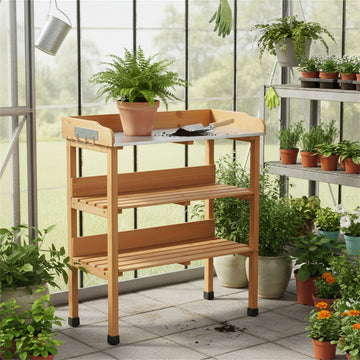3 Layers Outdoor Work Bench w/Hook, Metal Tabletop, Solid Wood Workstation, Light Brown