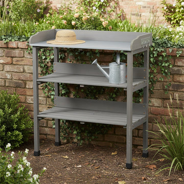 3 Layers Outdoor Work Bench w/Hook, Metal Tabletop, Solid Wood Workstation, Grey