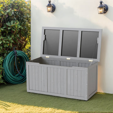 67 Gallon Outdoor Wooden Deck Box Solid Wood Storage Box Seat & Table Top, Pool Toys & Garden Tools